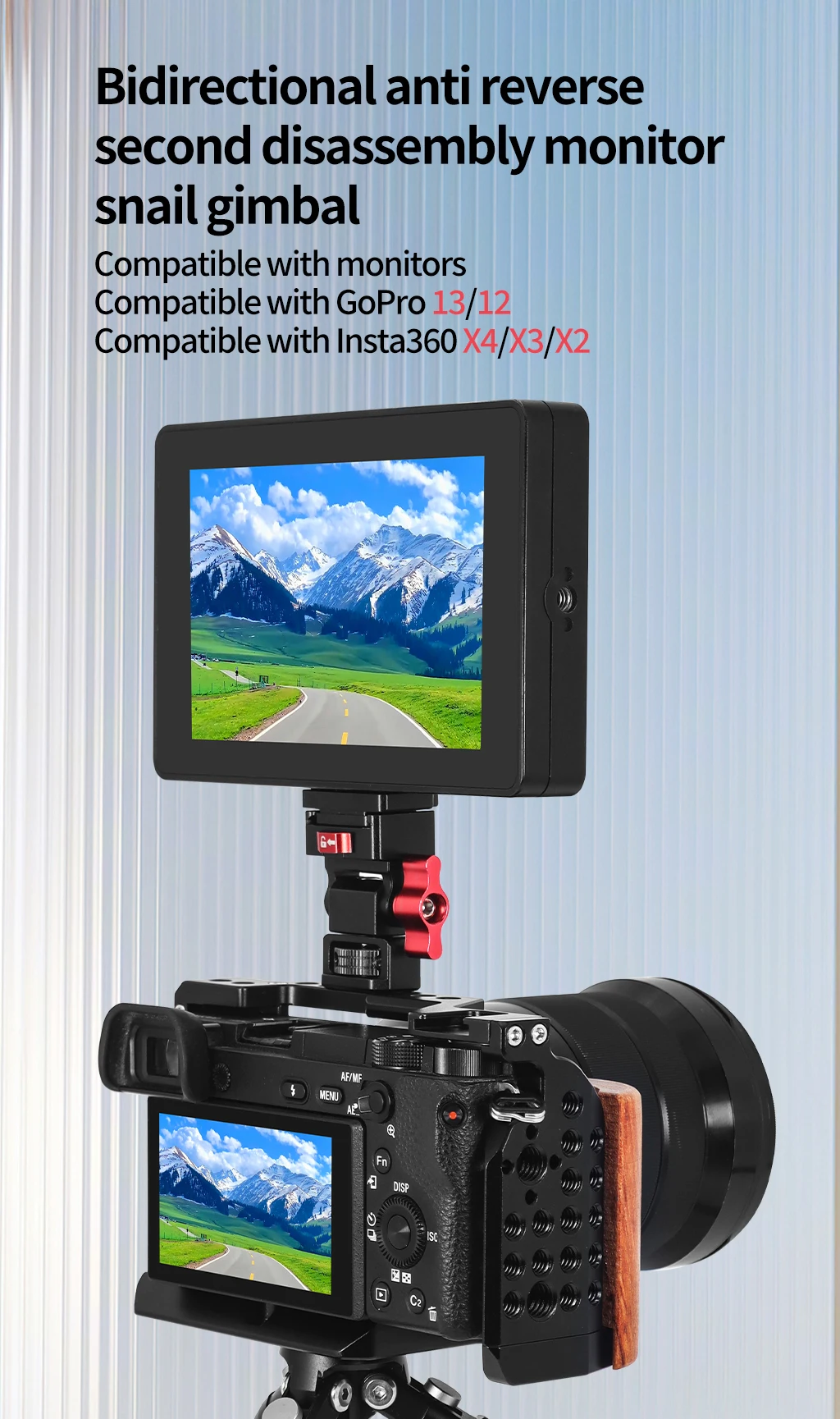 Monitorhalterung Kugelkopf 1/4 Zoll Schraube ARRI Pin Cold Shoe 180 ° Neigung 360° ° Dämpfung für GoPro Fellworld Field DSLR-Kamerakäfiggriffe – Detail 11
