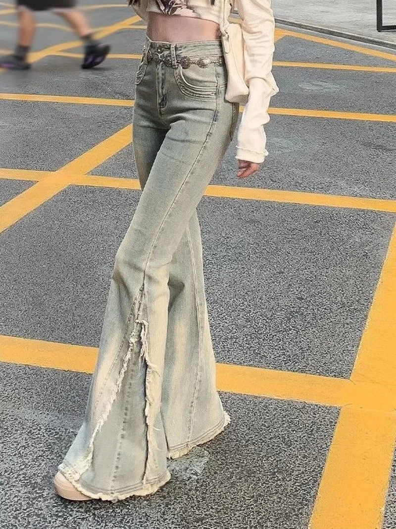 Jean bleu Vintage pour femmes, taille haute, rétro américain des années 90, matière première, Design de bord, pantalon en Denim Y2k, Streetwear, jambes larges