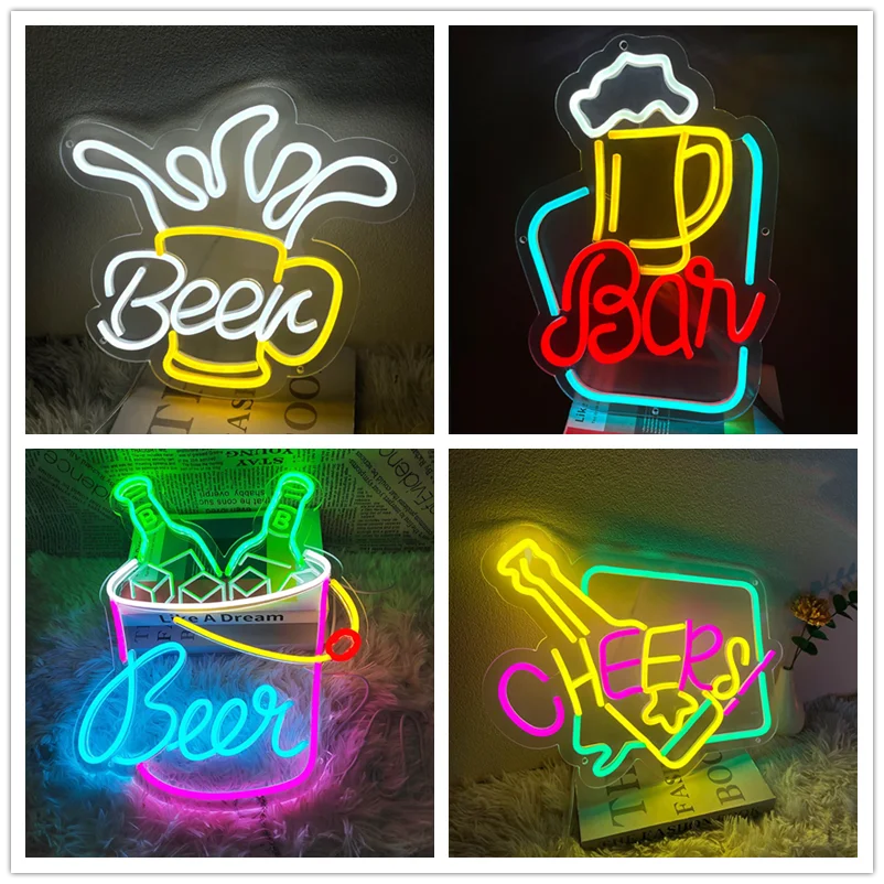 Looklight Cocktails Insegne al neon Rosa e Blu Luci al led Cocktail Lettera di vetro Luce segno USB per la decorazione della parete per Bar
