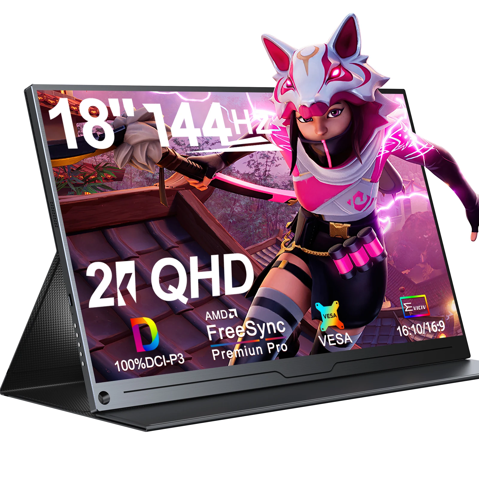 EVICIV 2K 144Hz 휴대용 모니터 18인치 2560x1600 QHD 100% DCI-P3 FreeSync HDR 노트북 디스플레이, 게임 콘솔용 VESA 프레임리스 매트 스크린 포함 