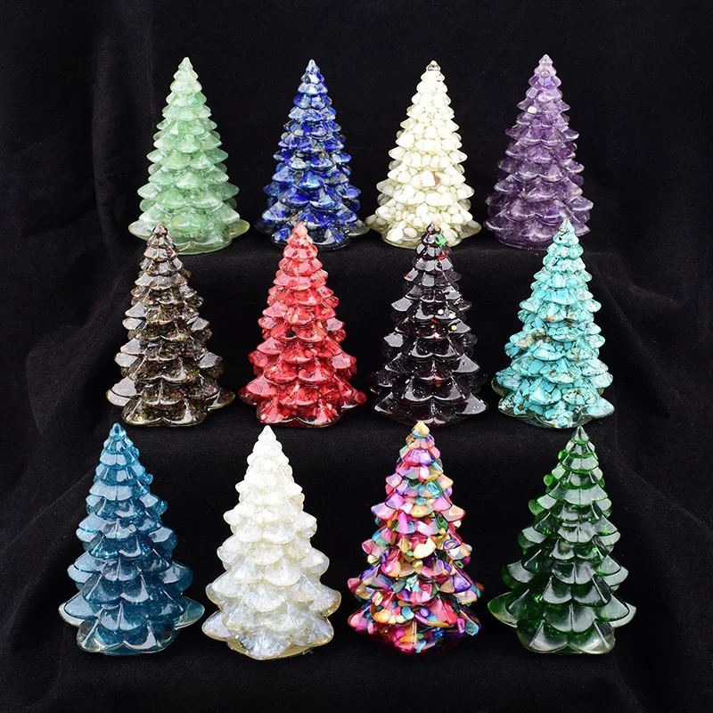 1PC Natural Crystal Stone Gravel Resin Christmas Tree Handmade Lucky Tree Home Decoration Gift 5 A decorative Christmas tree shaped ornament, approximately 1PC size, created by suspending colorful or clear natural crystal stone chips and gravel within transparent resin.
