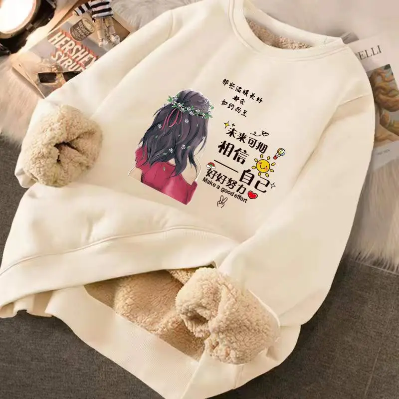 

Women Lambswool Thicken Sweatshirts Cute Printed Fleece Warm Hoodies Sudaderas Casual Sweatshirts Korean Women Y2k Clothes 후드티