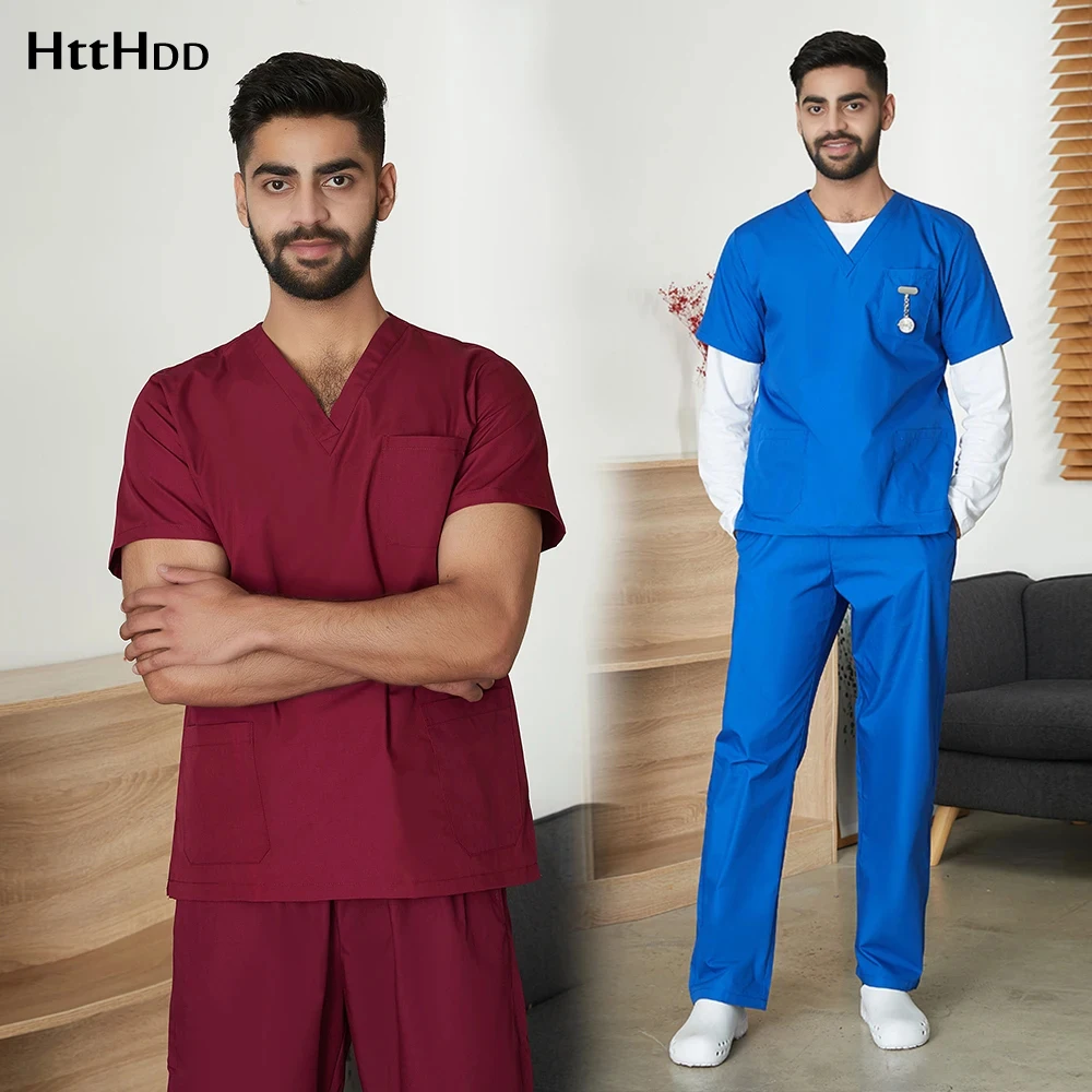 Men's Solid Color Medical Uniform Set Male Clinic Hospital Doctor Overalls V-neck Fashion Scrub Pharmacy Nurse Clothes