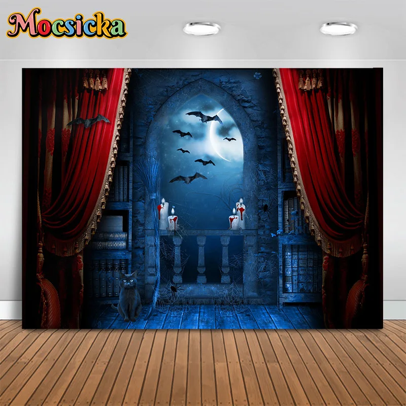 

Mocsicka Halloween Photography Background Bat Cat Red Curtains Decor Backdrop Horror Nights Birthday Party Kids Photo Studio