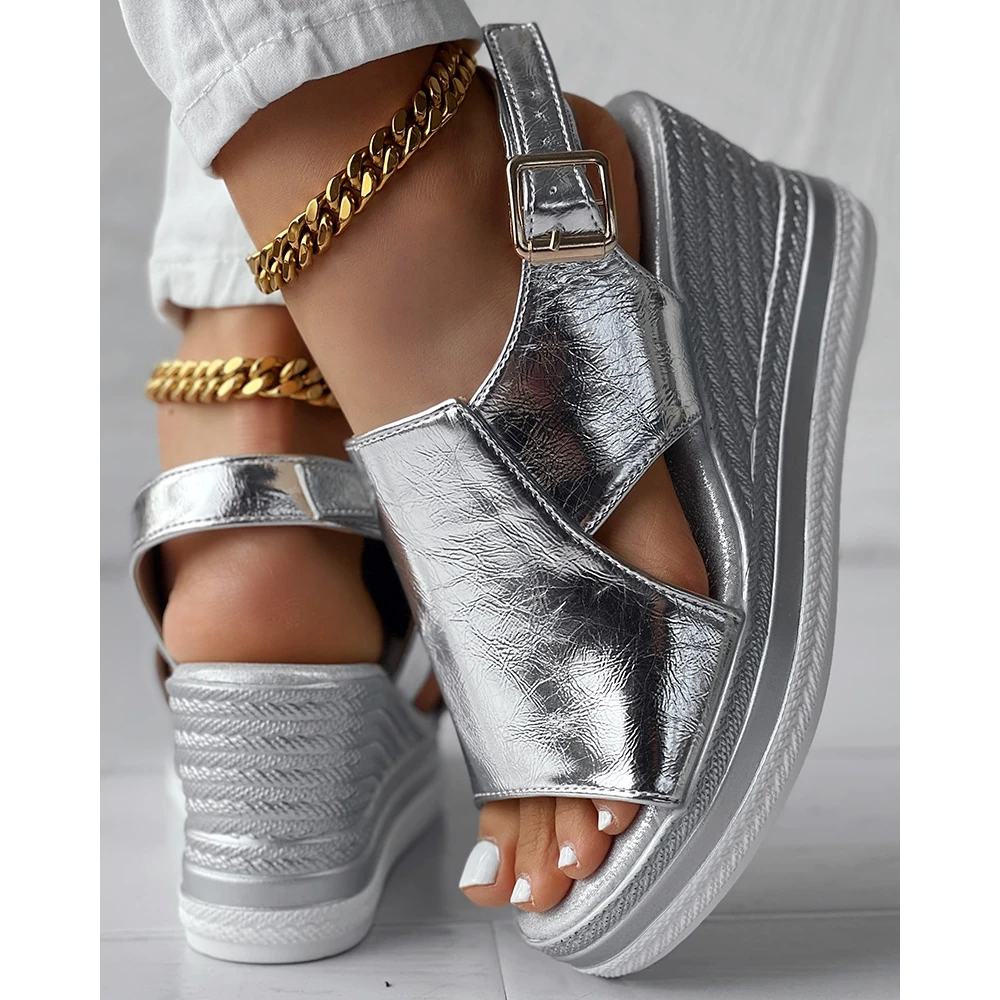 Fashion Women Hollow Out Slingback Peep Toe Sandals Lady Summer Casual Wedge Going Out Sandals Platform Ankle Buckle Shoes Party