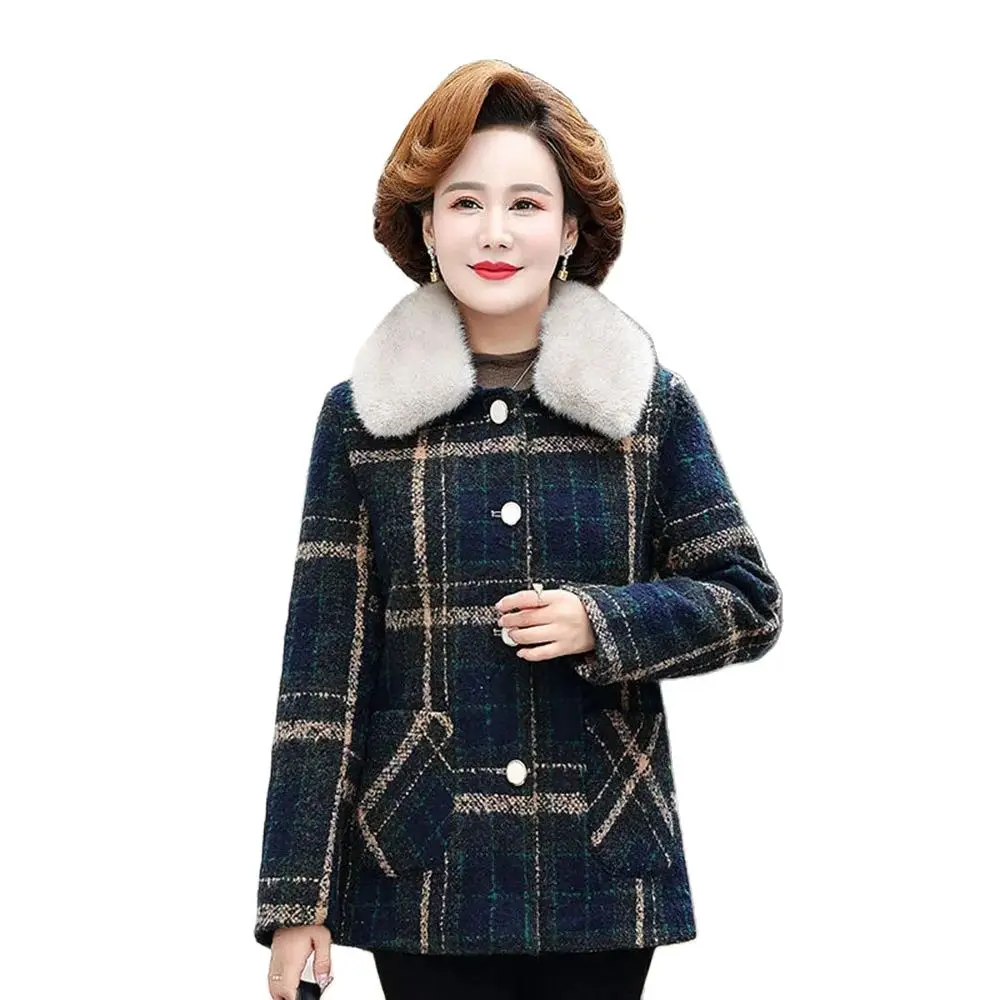 

Autumn And Ainter Clothes Fleece Thick Coat New Middle-aged And Old Ladies Woolen Coat Fashion Plaid Cotton-padded Jacket Tide.