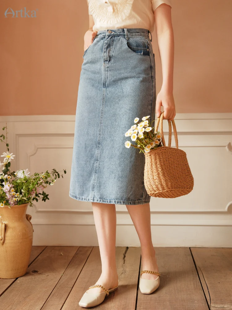 

Женская Джинсовая Юбка-миди с высокой талией ARTKA, повседневная прямая юбка-трапеция из денима с эффектом потертости в стиле ретро, QN29025X, на лето 2022