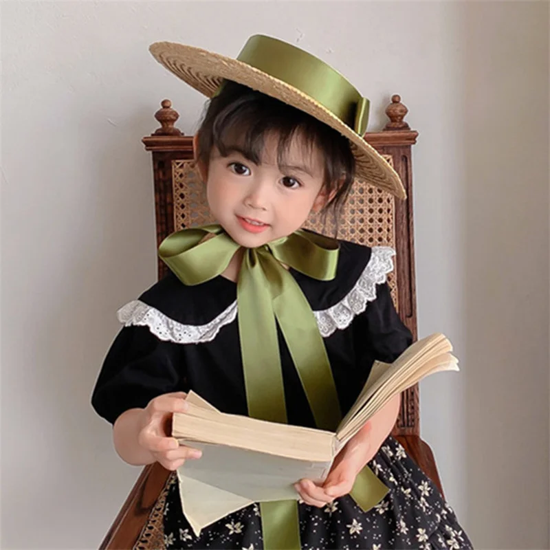 Fashion Vintage Children Girl Princess Sunhats Flat Top Ribbon Outdoor Beach Holiday Sunprotection Summer Straw Hat Cap for Kids