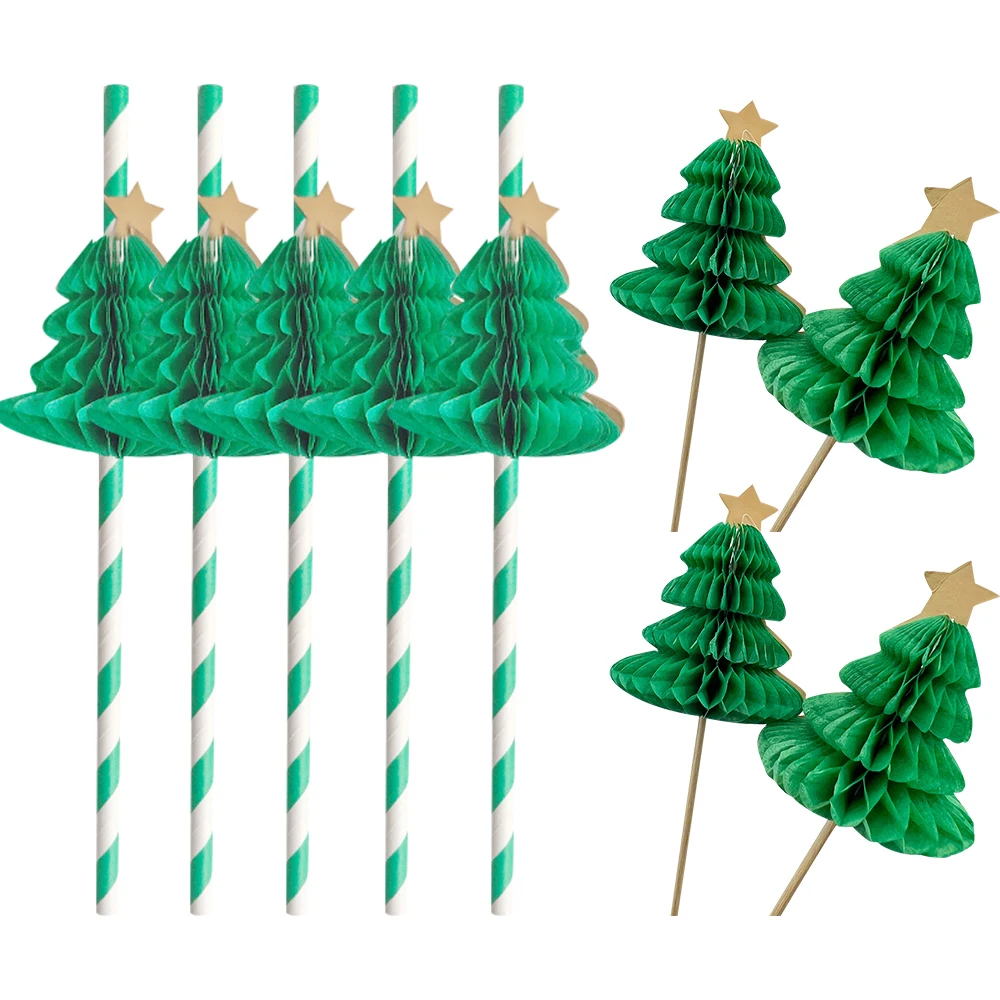 10/20PCS Christmas Paper Straws Honeycomb Christmas Tree Shape Cake Toppers for Merry Xmas Decorations Noel DIY Party Supplies