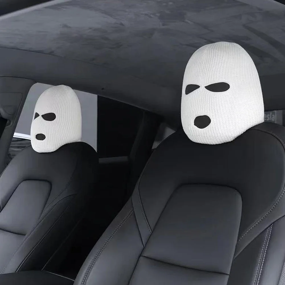 Funny Spoof Car Seat Headgear Headrest Cover 3 Hole Knitted Face Mask Seat Cover Car Creative Decorations Accessories 1PC