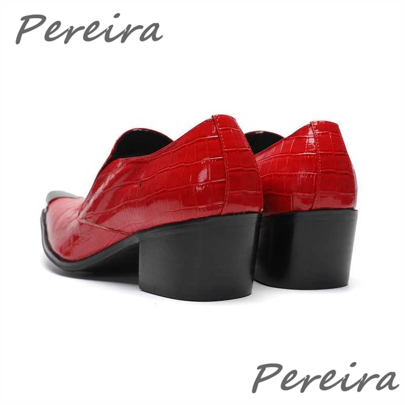 Red Metal Pointed Toe Men's Shoes Luxury High Heel Genuine Leather Loafers British Style Banquet Party Business Casual Shoes