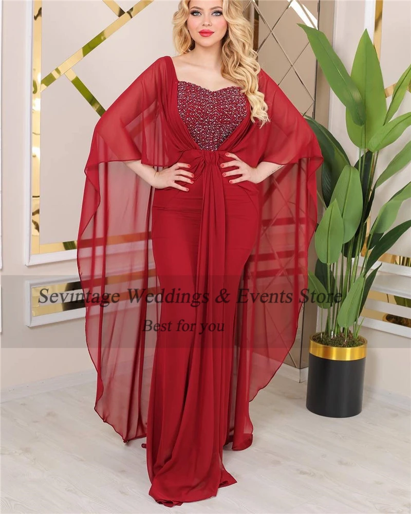 Sevintage Modest Chiffon Prom Dresses Mermaid Half Cape Sleeves Sequines Pleats Formal Evening Gowns Women Specail Wear 2023