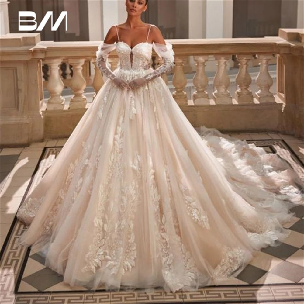 

Romantic Lace Appliques Ball Gown Wedding Dress With Nude Champagne Lining Beads Spaghetti Straps Bridal Gown Bride Dresses