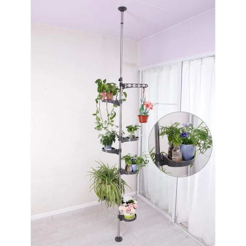 7-Tier Indoor Plant Pole Spring Tension Rod Expandable Flower Pots Display Rack Stand Hanger Metal Corner Storage Shelf, 2