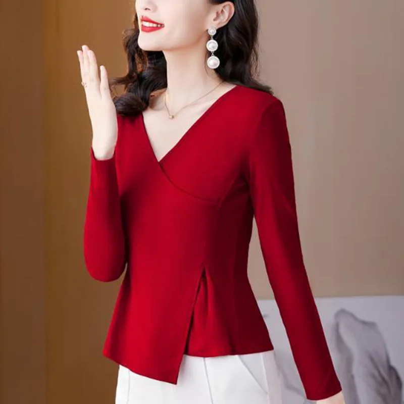 Stylish Solid Color Spliced Loose Folds Irregular Blouse Women's Clothing 2023 Autumn New Casual Pullovers Asymmetrical Shirt