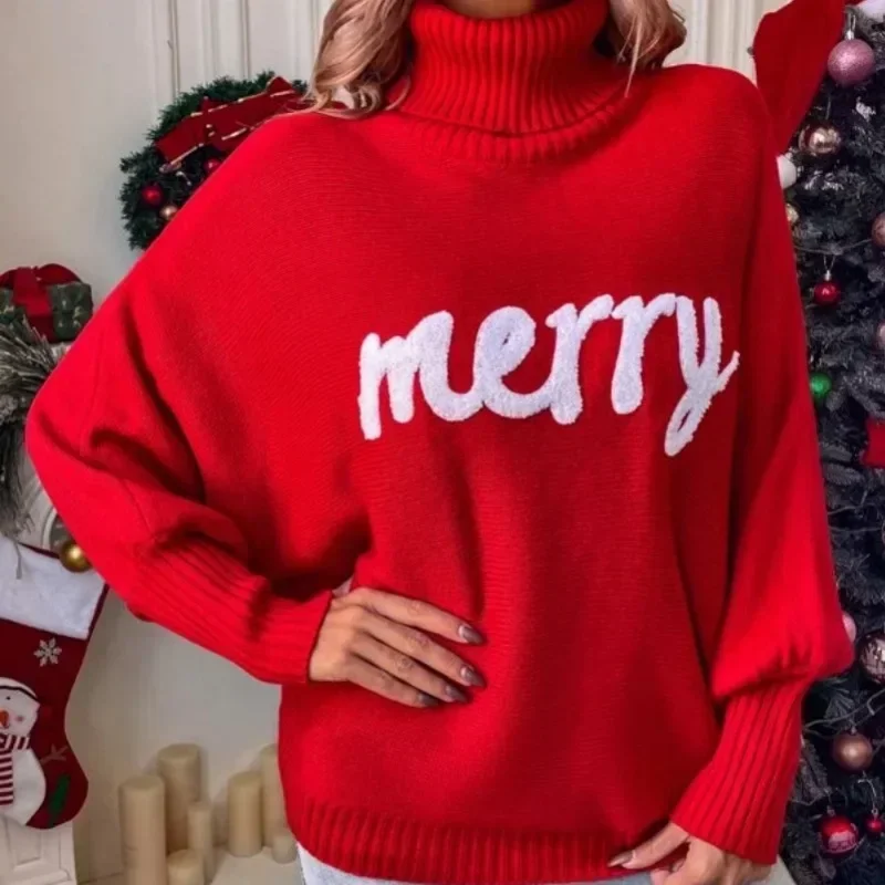 

Pullover Female Fashion New Year Letter Embroidery Red Sweaters 2023 Christmas Knitted Sweater Women Turtleneck Bat Sleeve Merry