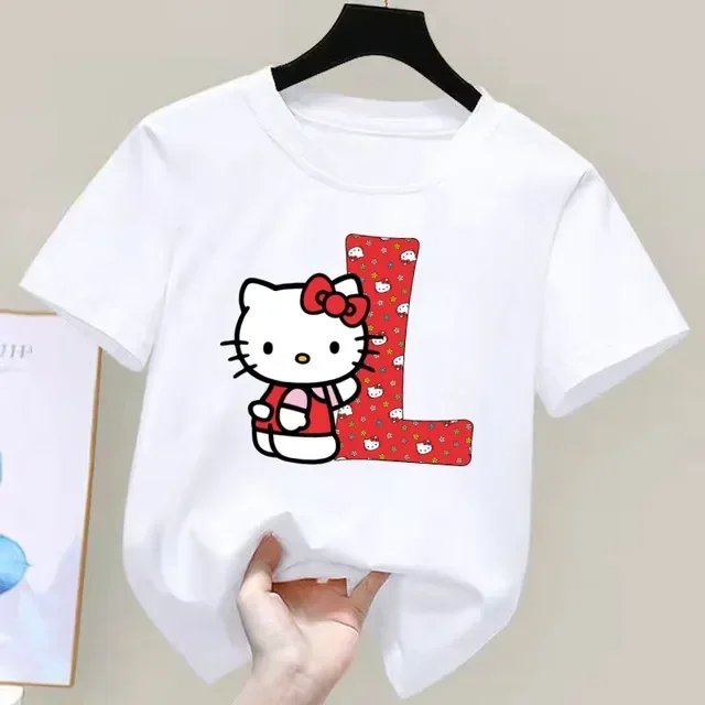 Camiseta de manga corta de algodón para niños con letras de la A a la Z de Hello Kitty Anime, Sanrio Summer Girly Heart, suave, kawaii, regalo de cumpleaños, camiseta para niños