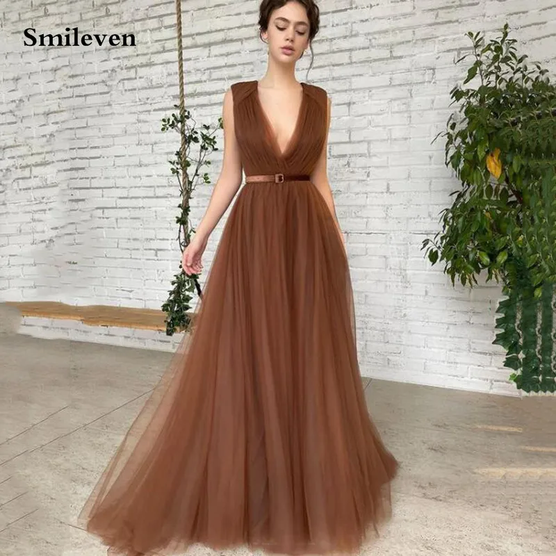 

Smileven Newest V Neck Prom Dresses Long Floor Length A-Line Evening Dresses Puffy Tulle Elegant Formal Party Gown