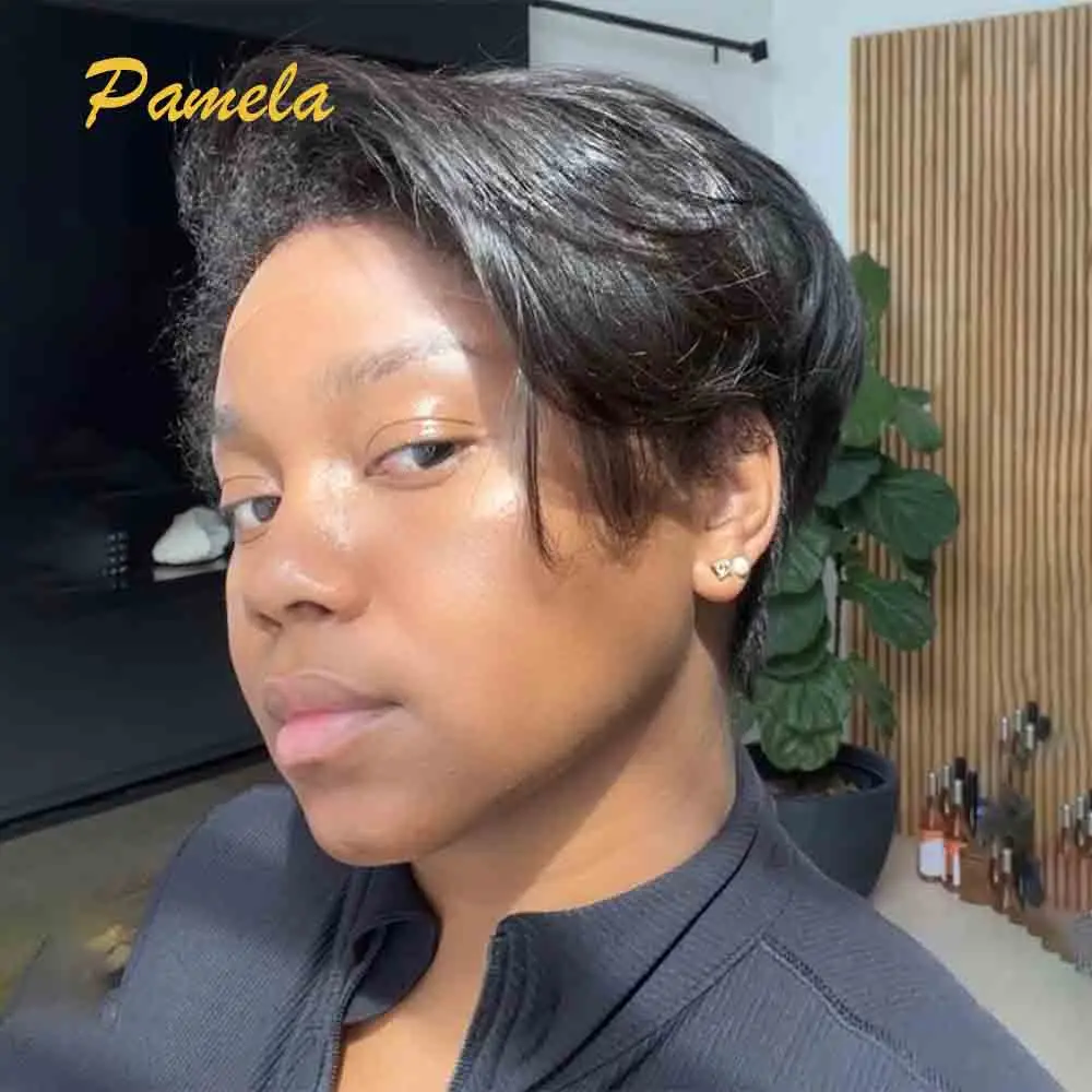 Kinky Edges Natural Hairline Pixie Cut Short Bob Straight Transparent Lace Front Glueless Prepluked Wig Human Hair Ready To Wear