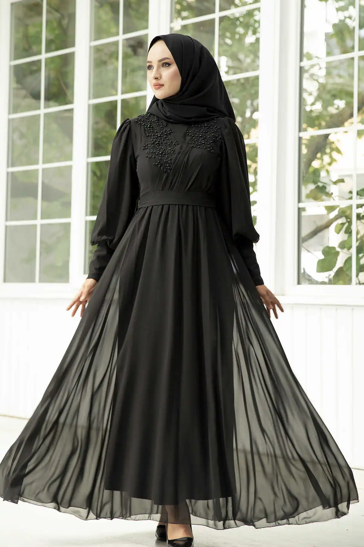 Pearl Detailed Chiffon Evening Dress Black Winter Autumn 2021 Muslim Women Hijab headscarf islamic Turkey