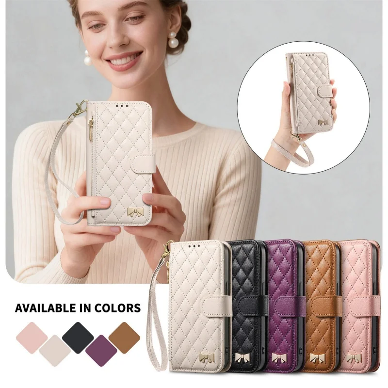 Leather Zipper Wallet Phone Case with Card Slots and Lanyard - Flip Stand Cover