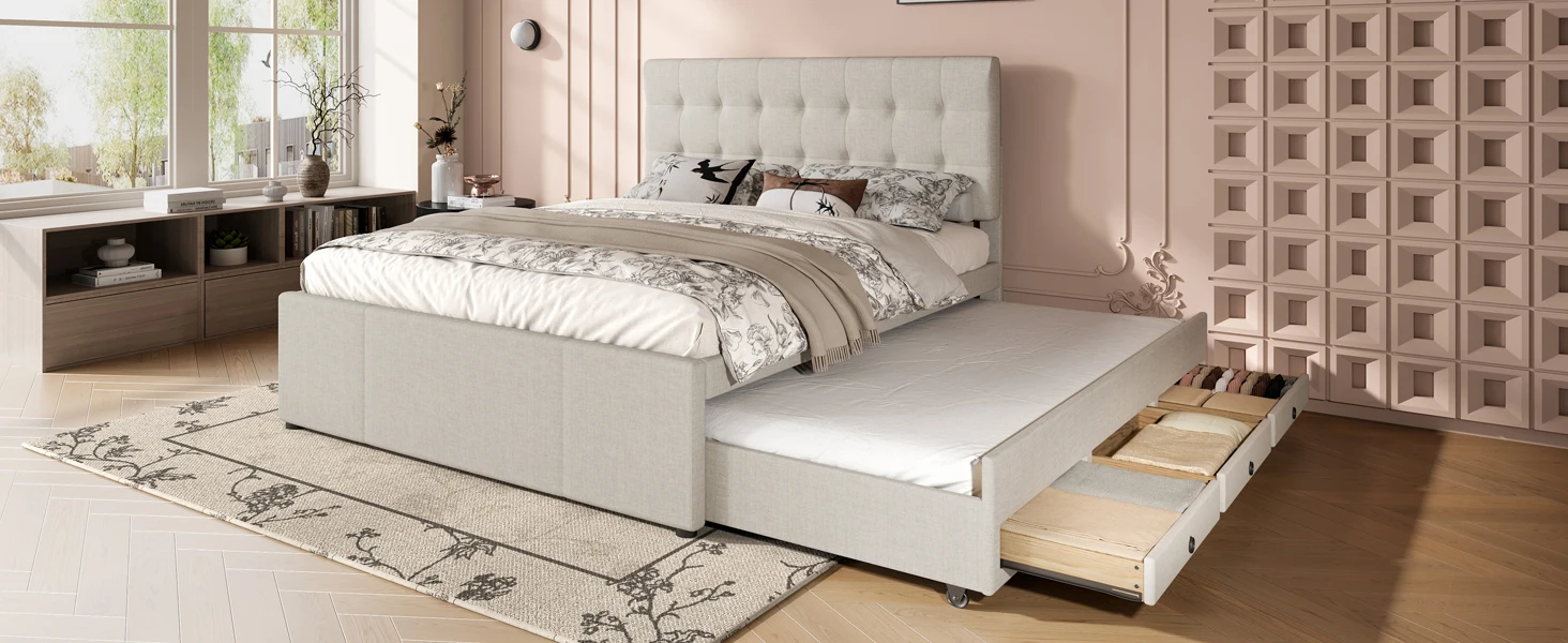 Polsterbett, 140x200cm, Doppelbett, Familienbett, Kingsize-Bett mit drei Schubladen, ausziehbares Bett, verstellbares Kopfteil – Detail 20