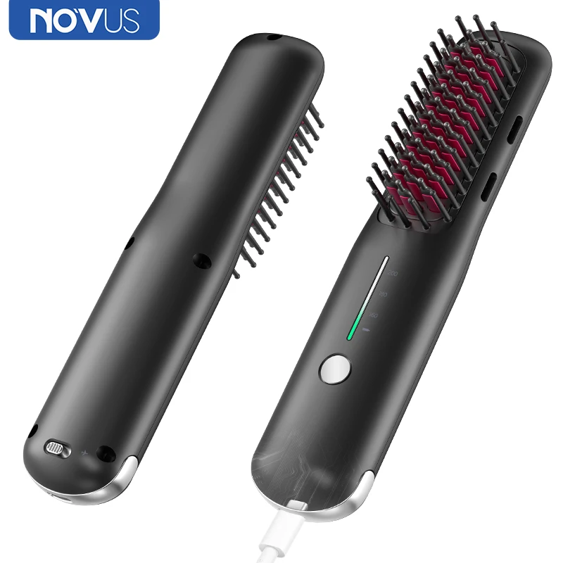 NOVUS Wireless Hair Straightener Brush Electric Hot Comb with Negative Ion 3 Temperature Fast Heating Anti-Scald Styler Tool max 250℃ 480℉ professional hair straightener with negative ions generator ceramic coating wide plates lcd flat iron mch heating