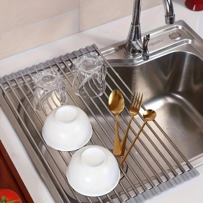 Foldable Kitchen Dish Drying Rack Stainless Steel Bowl Fruit Vegetable Dish Holder Sink Roller Organizer Basket Racks Tools multi layer storage rack