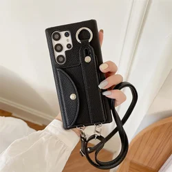 Stylish Wrist Strap Crossbody Case with Card Holder & Lanyard for Galaxy S25 Plus (Black)