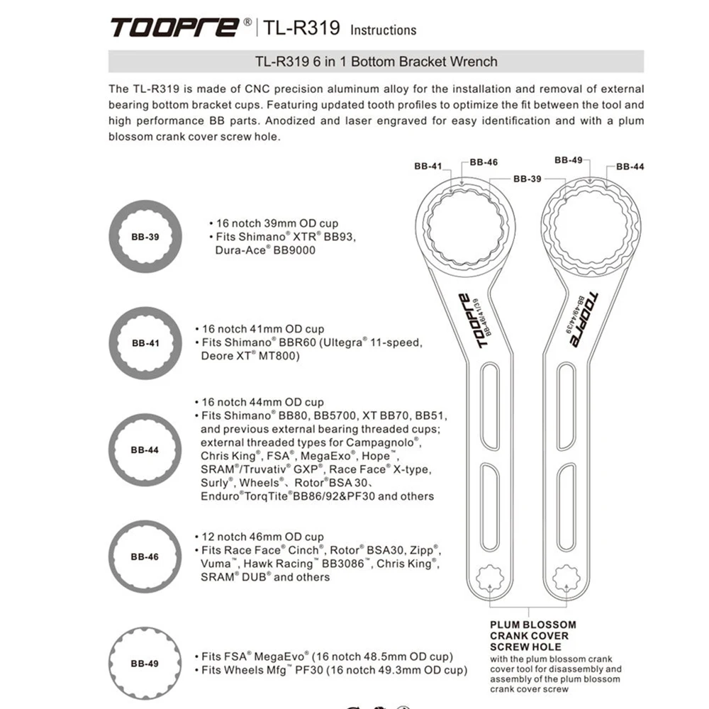 TOOPRE MTB Rennrad 6-in-1 Tretlagerschlüssel BB Aluminiumlegierung Entfernungs- und Montagewerkzeug für Tretlager mit Außendurchmesser 39 41 44 46 49mm – Detail 2