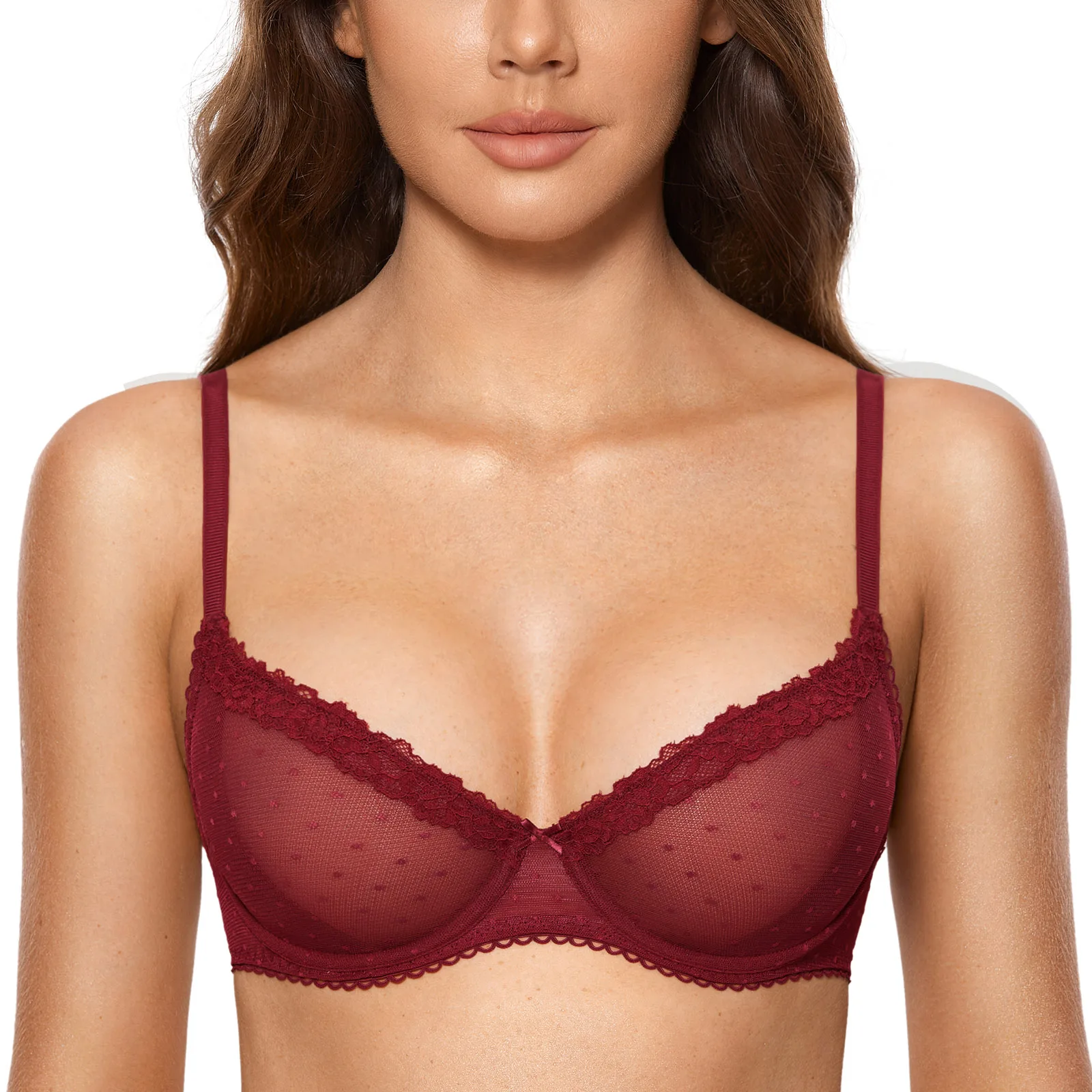 DOBREVA Women's Lace Bra Sexy See Through Balconette Sheer Mesh