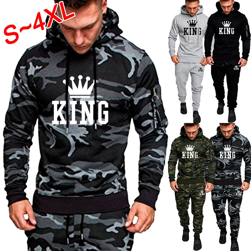 Men's sports suit fashion camouflage sportswear jogging suit two-piece camouflage printed hoodie set hood+sports pants set