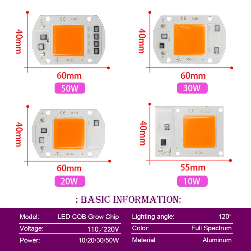 10Pcs/lot LED Grow Light Full Spectrum COB LED Chip AC 110V 220V No Need Driver Phyto Lamp For Indoor Plant Seedling Grow Lamps