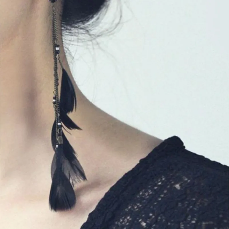 Black Earrings Feather Tassel New Long Dignified Ear Clips without Piercing 925 Sterling Silver Needle