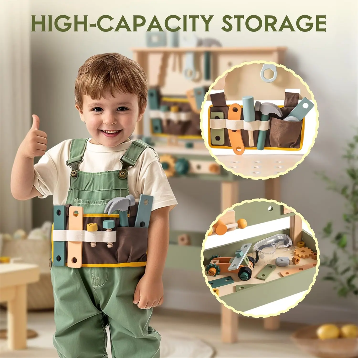 Robud Wooden Kids Tool Bench Toy Play Workbench with Tool Belt Drawing Paper for Construction Play Perfect for Kids Ages 3-5