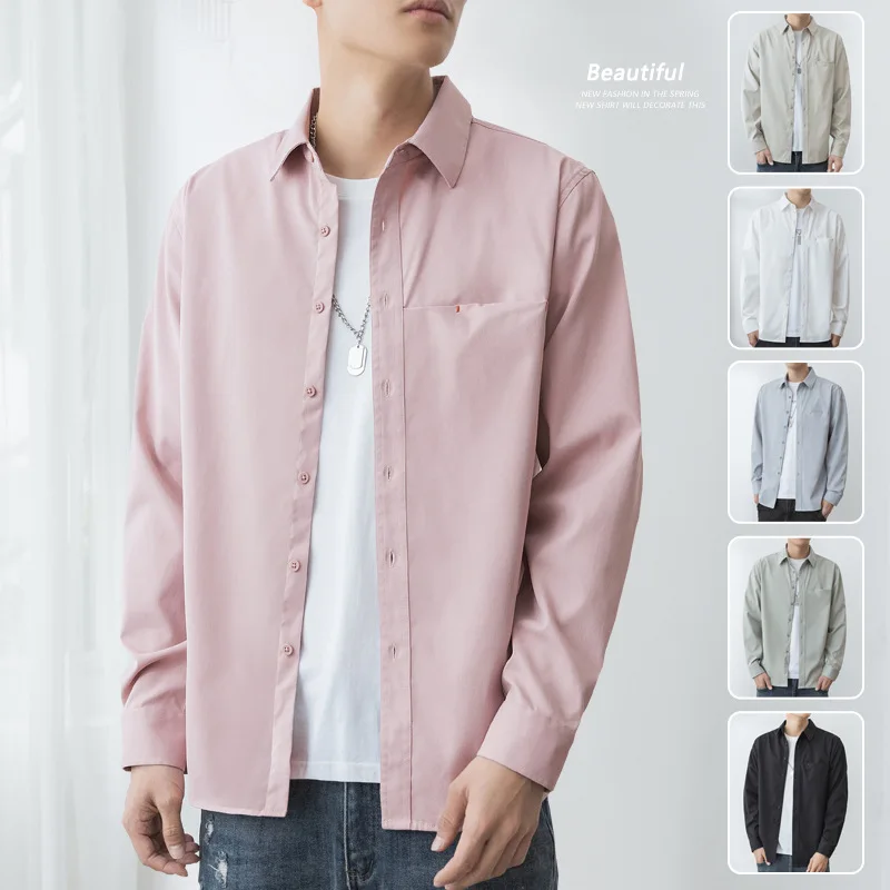 Spring 2023 New Men Long-sleeved Shirts Men Casual Korean Version of The Trend Bottoming Solid Color Shirt Coat Men Fashion.