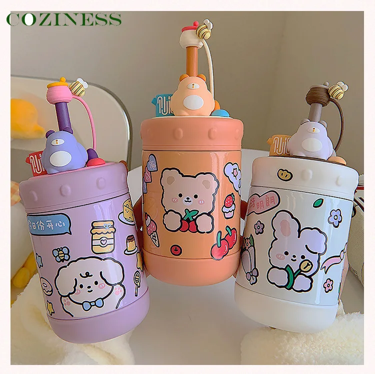 

Baby Bottle Cute Cartoon Stainless Steel Drop Proof Water Bottle with Straws Dust Cap Kindergarten Out Portable Vacuum Flask
