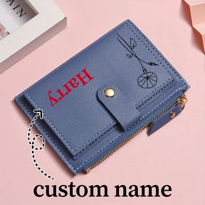 Personalisierte Damen-Geldbörsen aus PU-Leder mit individuellem Geburtsblumen-Design, Mini-Kartenetui, Münzfach, kurze Geldbörse mit Reißverschluss und Schnappverschluss – Detail 10