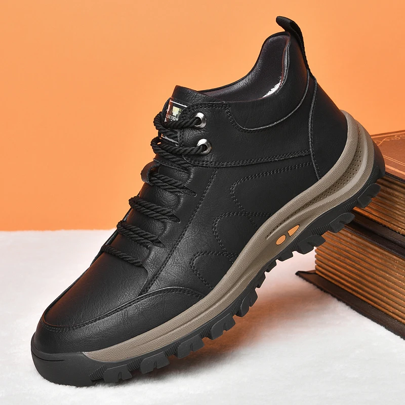 

New Men's Cowhide Casual Shoes Lace up Non slip Cotton Snow Cotton Boots with Mid Top Outdoor Mountaineering Shoes