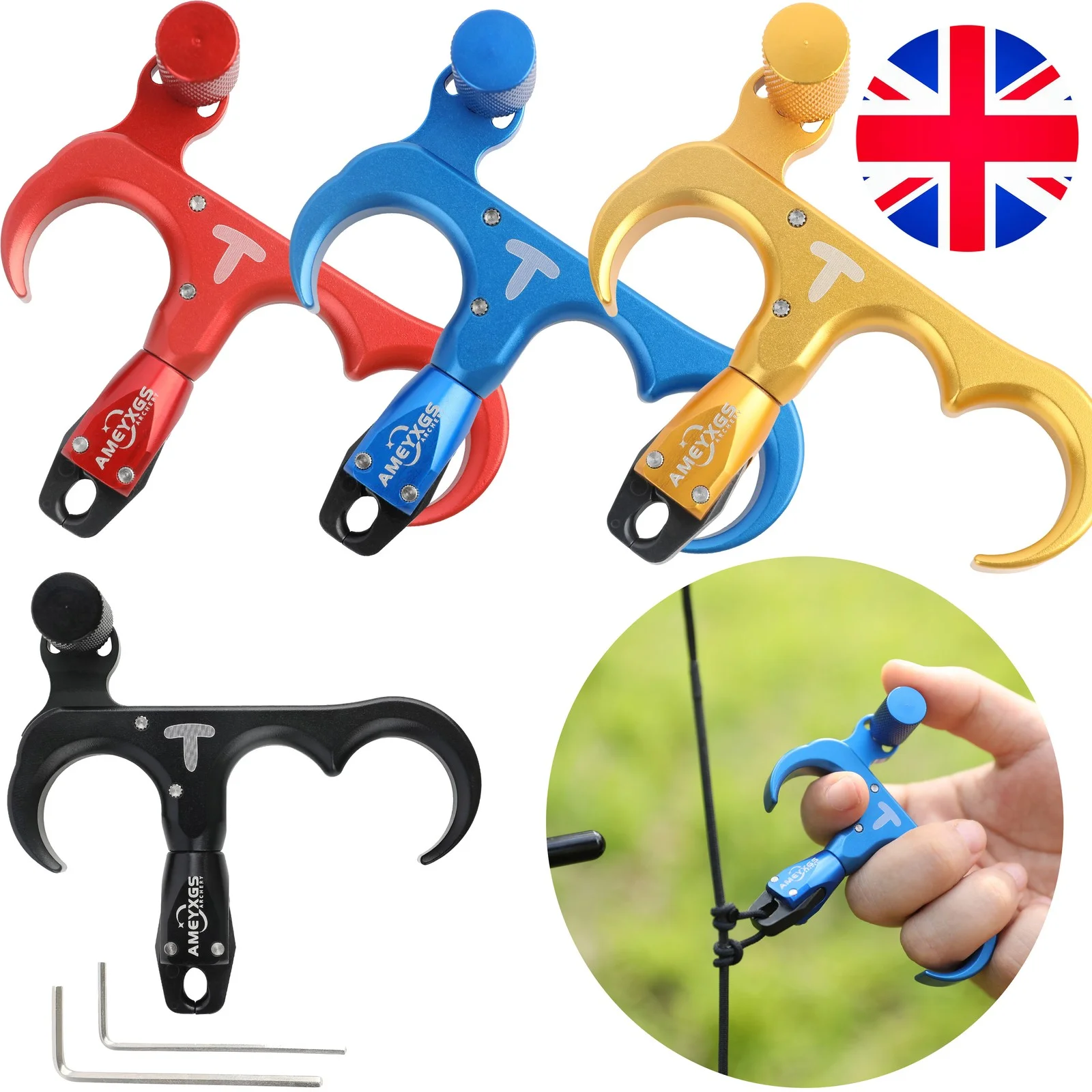 Compound Bow Release Aid 3 Finger Thumb Trigger Solid Aluminum Alloy 360 Degree Rotatable Jaws Adjustable Trigger Sensitivity Ambidextrous Fits Left Right Hand for Archery Daily Target Practice Replacement Accessory