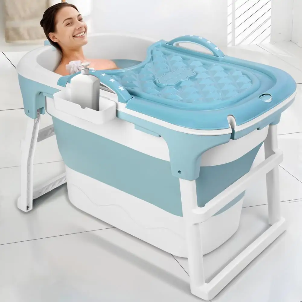 39" Portable Folding Bathtub Foldable Tub with Ergonomic Seat & Massage Roller Large Collapsible Tub Freestanding Surround Tubs