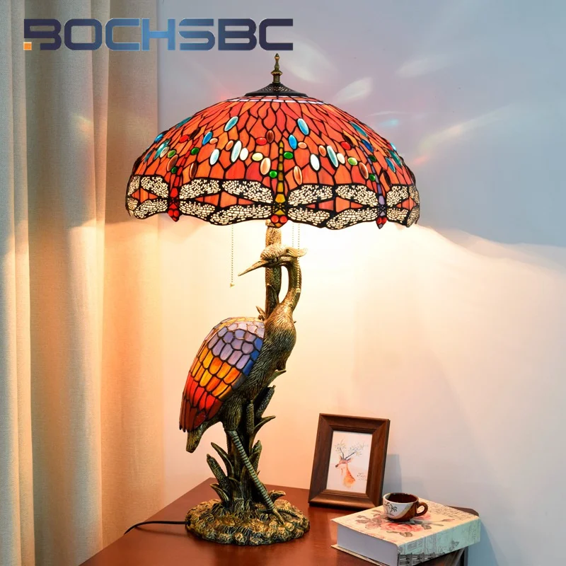 

BOCHSBC Tiffany stained glass desk lamp Art Lounge Restaurant Hotel Red dragonfly Crane art lamp idylle-style office lamp