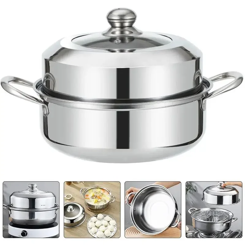 28cm Stainless Steel Two Layer Thick Steamer Pot Soup Steam Pot Universal Cooking Pots 1 Set For Induction Cooker Gas Stove