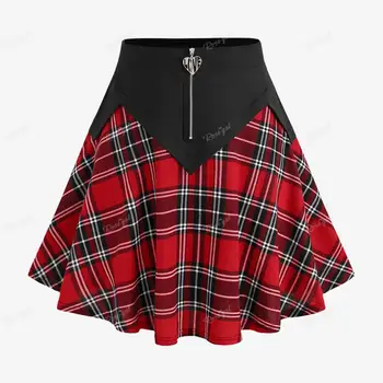 ROSEGAL Plus Size Plaid Zipper Patchwork Ruched Skirt Women Fall,Spring,Summer Casual Streetwear Mini Skirts New Skirt Bottoms