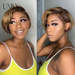 Pixie Cut Short Bob 13x1 Lace Human Hair Wig Highlight Color Transparent Lace Front Wig For Women 4/27 Straight Bob Brazilian