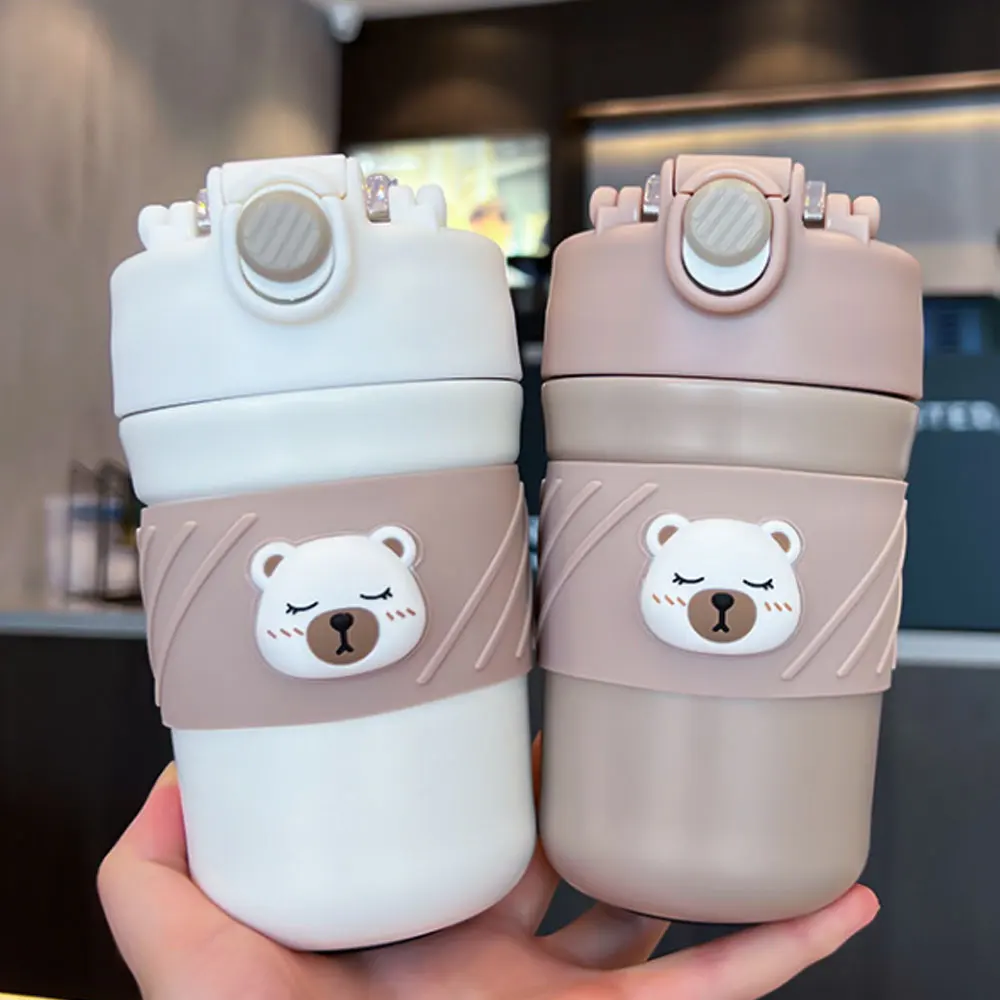 450ML Cute Bear Double Drink Thermos Coffee Mug With Straw Portable  Stainless Steel Tumbler Insulated Cup