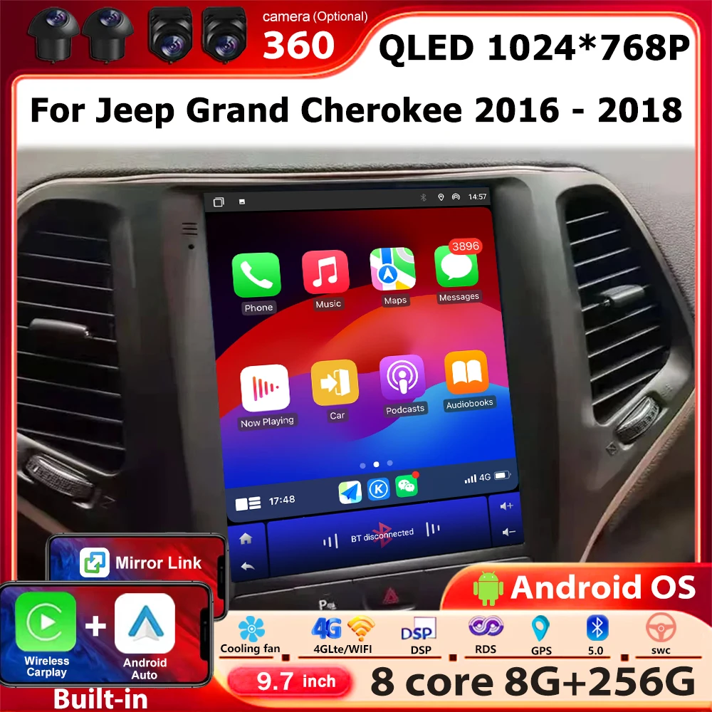 Carplay inalámbrico para Jeep Grand Cherokee 2016 2017 2018 Android 16 Auto Radio reproductor Multimedia navegación GPS BT DSP 9,7'' 1