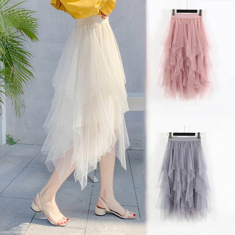

Womens Summer Irregular Princess Skirt Korean Style Tulle Mesh Pleated Skirts Female Asymmetrical High Waist Long Skirts