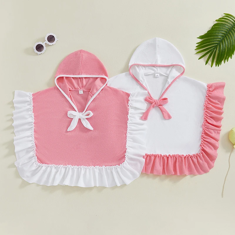 1-4Years Kids Baby Girl Hooded Poncho Towels Toddlers Contrast Color Bow Ruffled Loose Fit Beach Robe Cover-ups Swimwears children swimwear