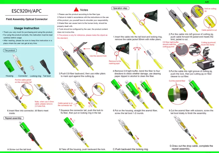 ESC920H SC/APC Fast Connector for 3.0mm 2.0mm and 0.9mm Indoor Cable Fiber Optic Field Assembly Connection Quick ONU ONT OLT